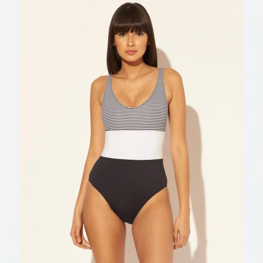 BLEU Rod Beattie Black Pinstripe Tank One Piece Swimsuit NWOT